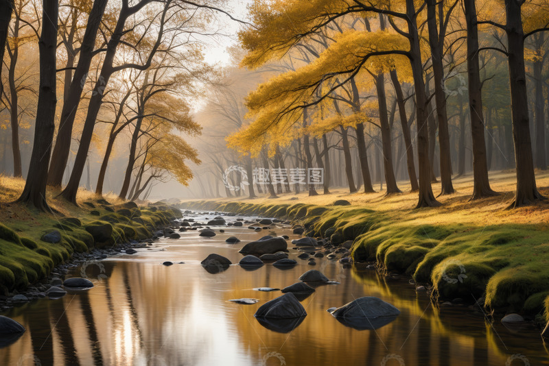 高清大图下载【趣麦麦图】秋日森林中河流风景