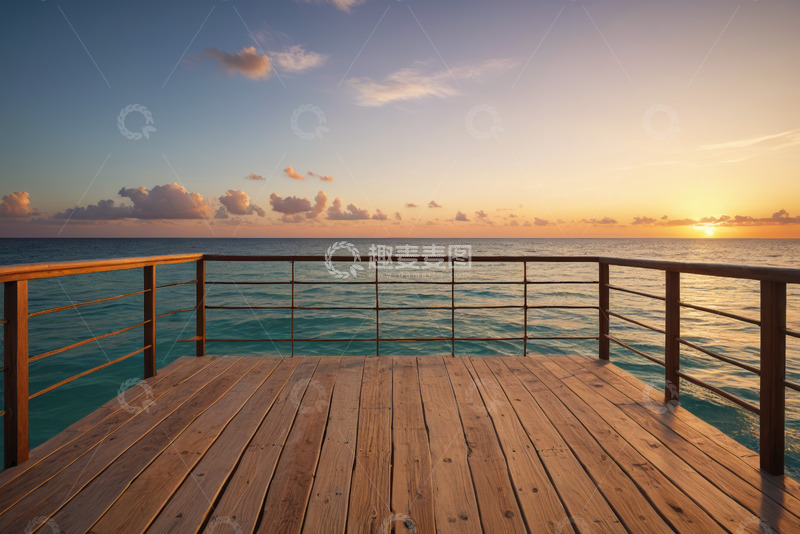 高清大图下载【趣麦麦图】海边木质平台日落景象