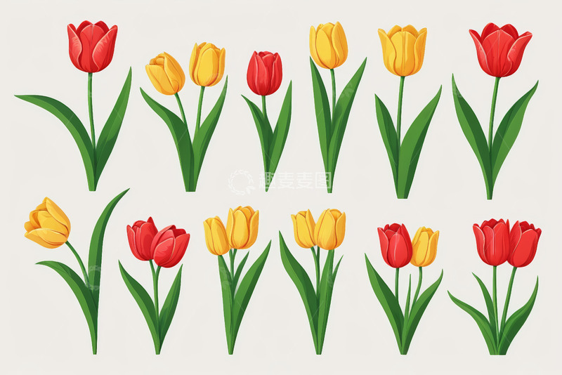 高清大图下载【趣麦麦图】红黄郁金香插画素材
