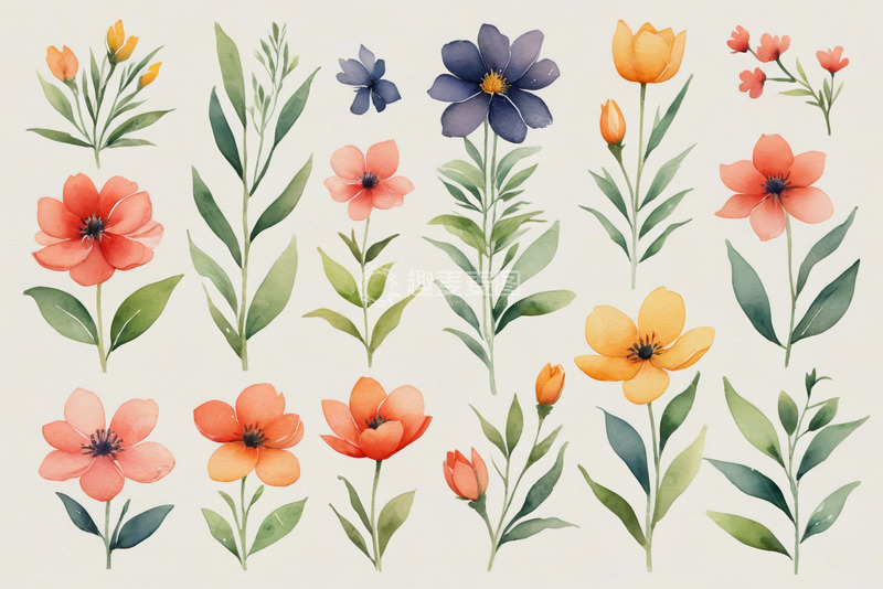 高清大图下载【趣麦麦图】水彩风格花卉植物素材
