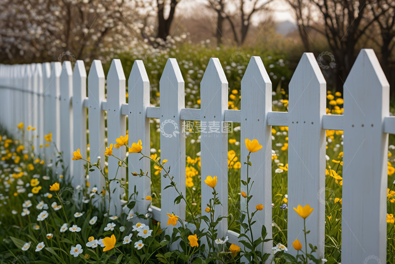 高清大图下载【趣麦麦图】户外白色栅栏旁绽放的野花