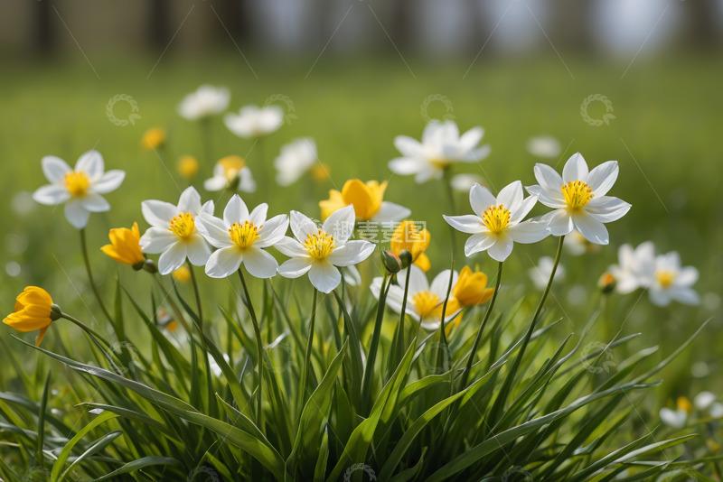 高清大图下载【趣麦麦图】草地上绽放的白色黄色花朵