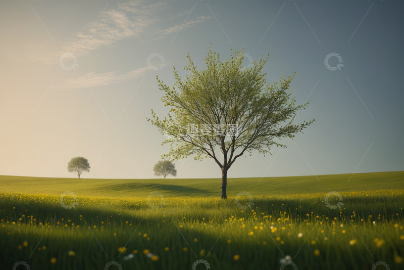 高清大图下载【趣麦麦图】原野上的绿树与黄色花海