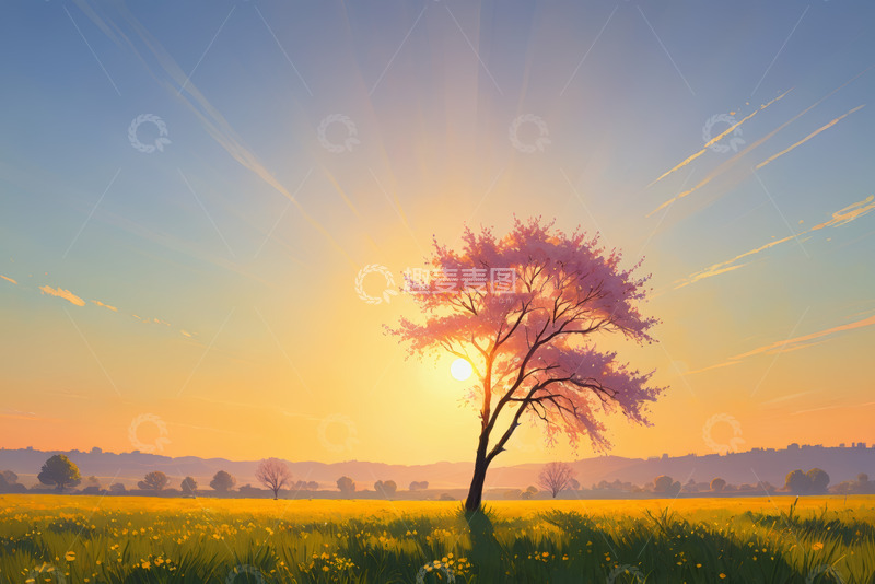 高清大图下载【趣麦麦图】田野中夕阳下的粉色树木