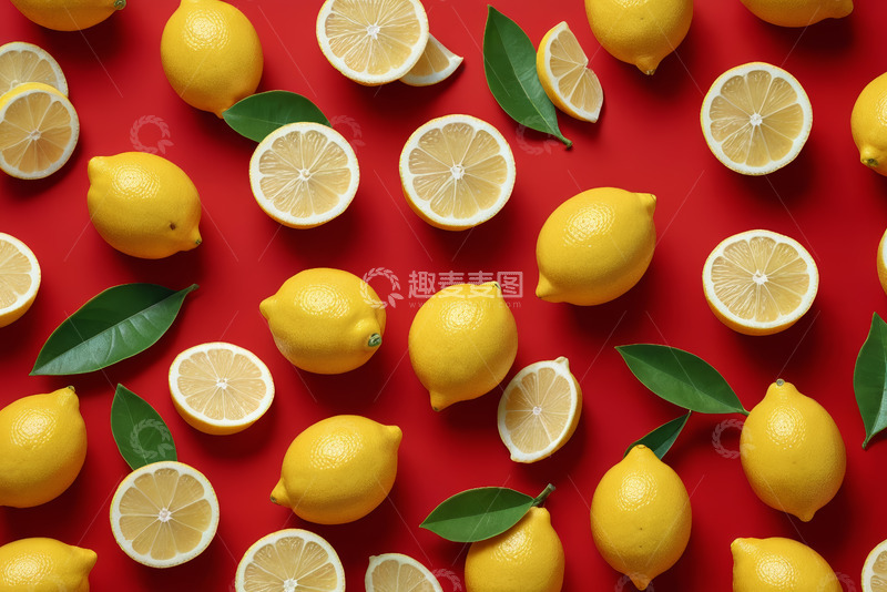 高清大图下载【趣麦麦图】红色背景上的柠檬和柠檬切片