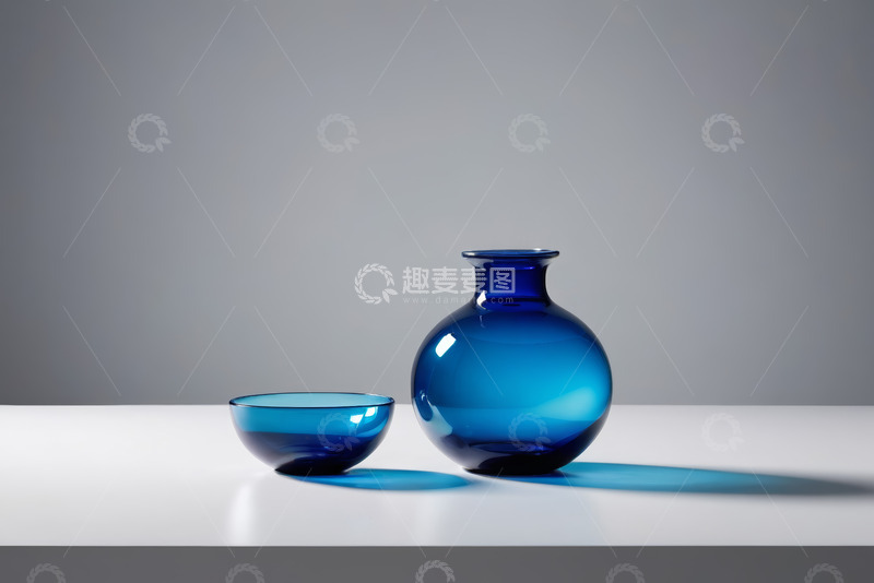 高清大图下载【趣麦麦图】蓝色玻璃花瓶与碗静物