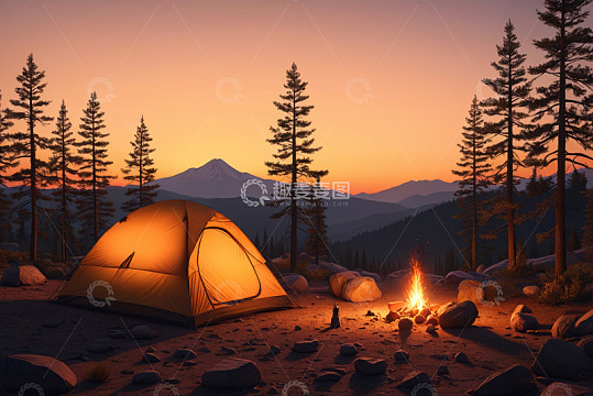 山林间露营帐篷与篝火场景