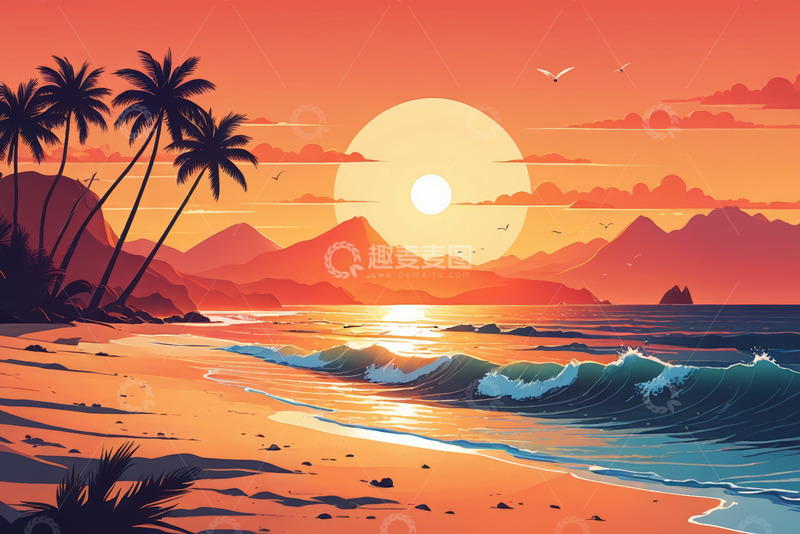 高清大图下载【趣麦麦图】海滩日落自然风光