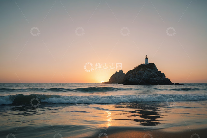 高清大图下载【趣麦麦图】海边日落时岩石上的灯塔景观