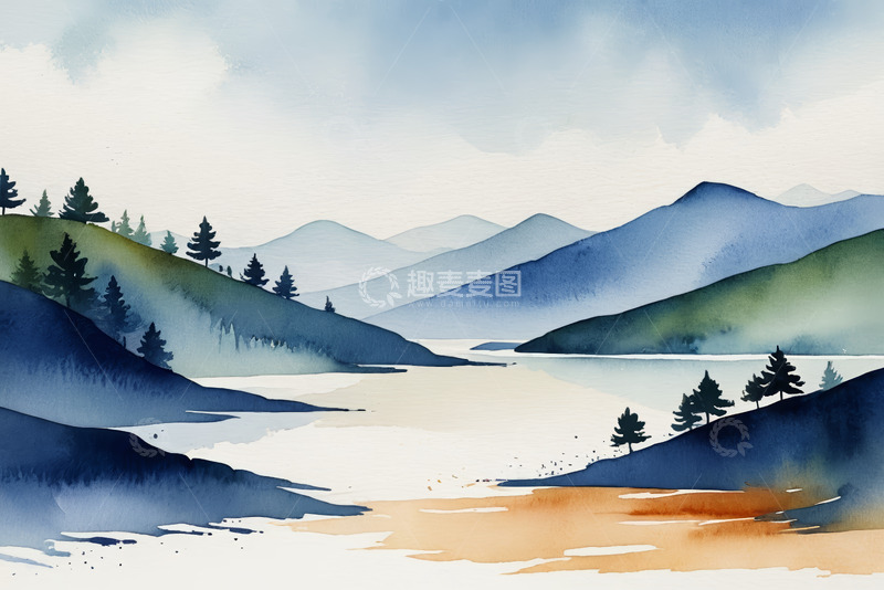 高清大图下载【趣麦麦图】水彩风格山水自然风景