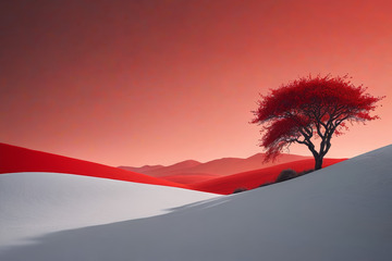 沙漠中红色孤树风景