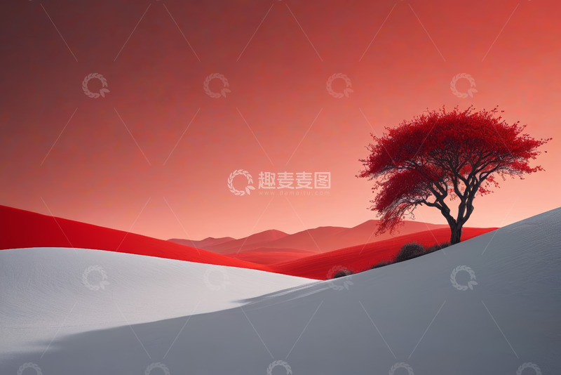 高清大图下载【趣麦麦图】沙漠中红色孤树风景