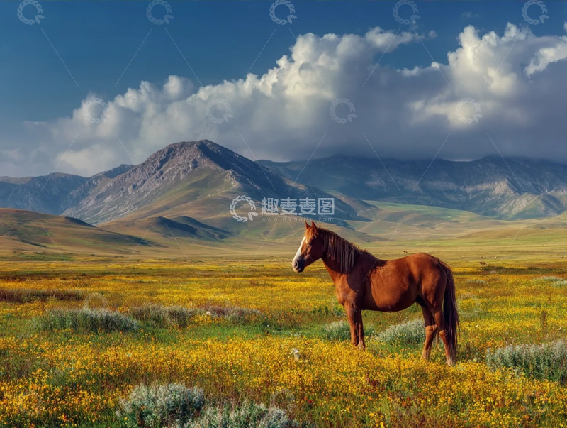 高清大图下载【趣麦麦图】大草原上高山下的骏马摄影图
