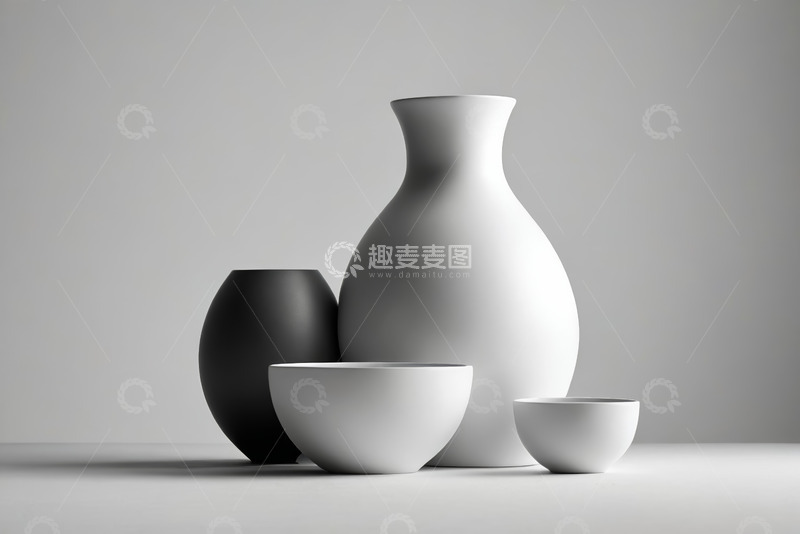 高清大图下载【趣麦麦图】灰白陶瓷器皿组合静物