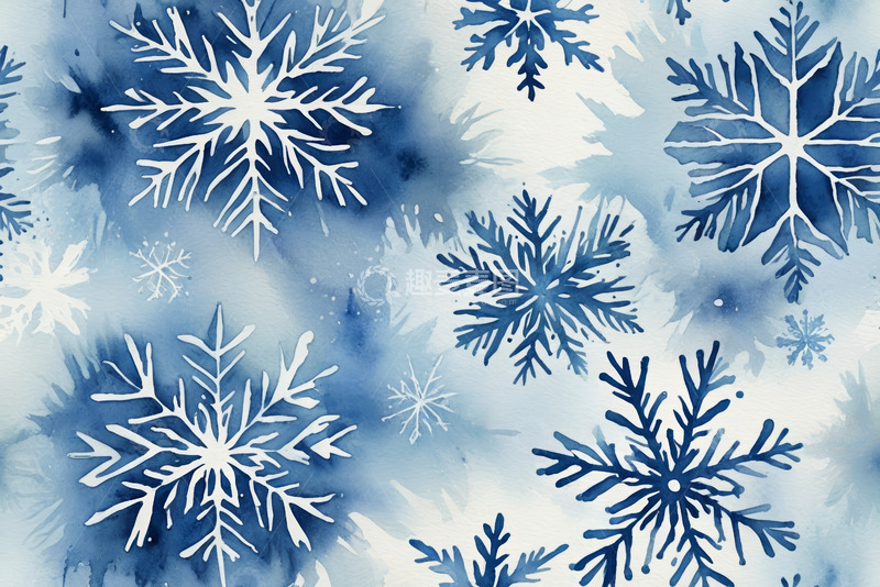 高清大图下载【趣麦麦图】蓝色水彩风格雪花图案背景