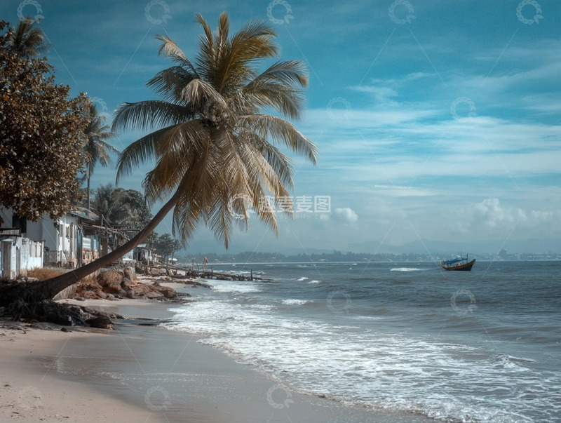 高清大图下载【趣麦麦图】蓝天下美丽海岛和椰子树摄影图