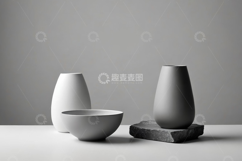 高清大图下载【趣麦麦图】灰白陶瓷花瓶与碗静物展示