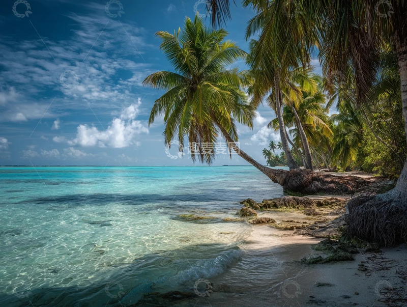 高清大图下载【趣麦麦图】蓝天下蔚蓝的海岛椰子树林摄影图