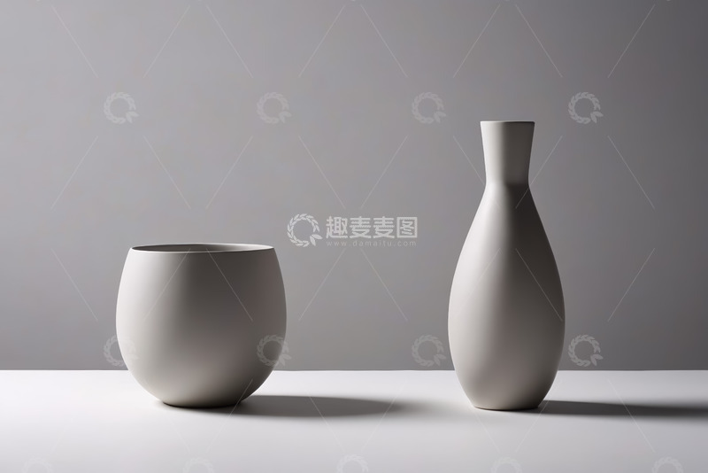 高清大图下载【趣麦麦图】灰白背景下陶瓷碗与瓶静物
