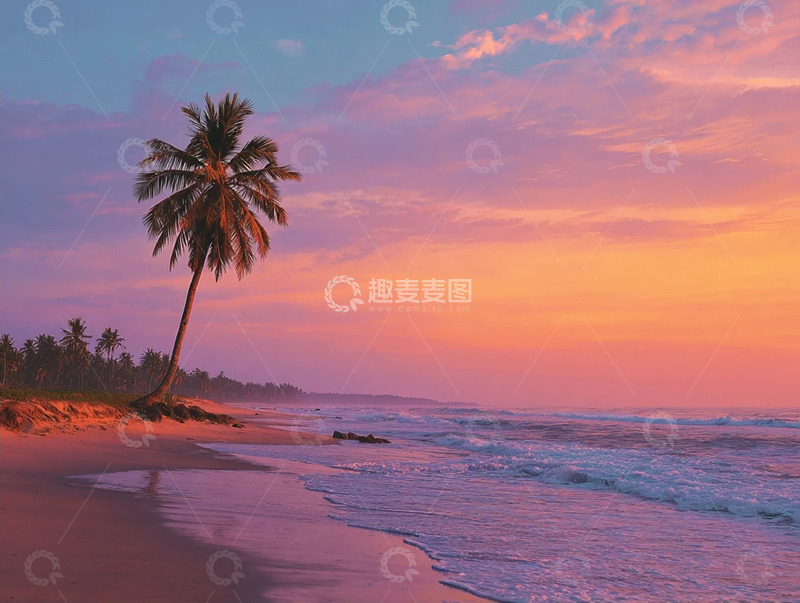 高清大图下载【趣麦麦图】夕阳下美丽海岛和椰子树摄影图