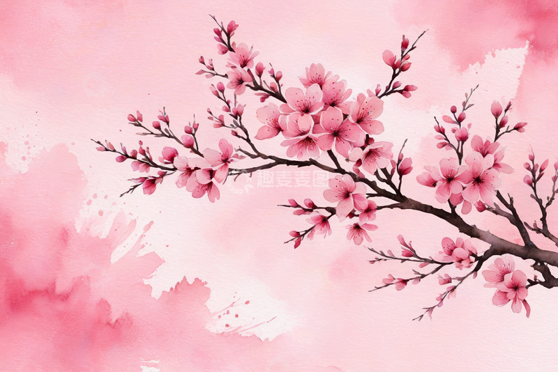 高清大图下载【趣麦麦图】粉色水彩背景上的盛开桃花