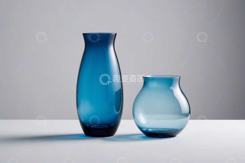 高清大图下载【趣麦麦图】两个蓝色玻璃花瓶静物