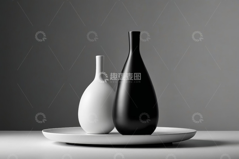 高清大图下载【趣麦麦图】黑白花瓶摆放在白色圆盘上