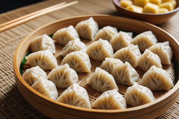竹制蒸笼里的美味饺子