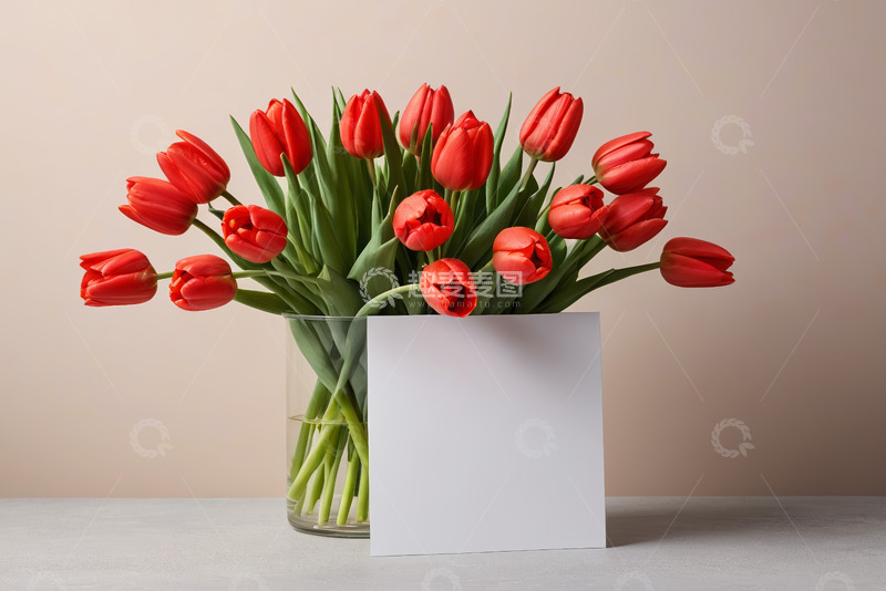 高清大图下载【趣麦麦图】花瓶中红色郁金香与空白卡片