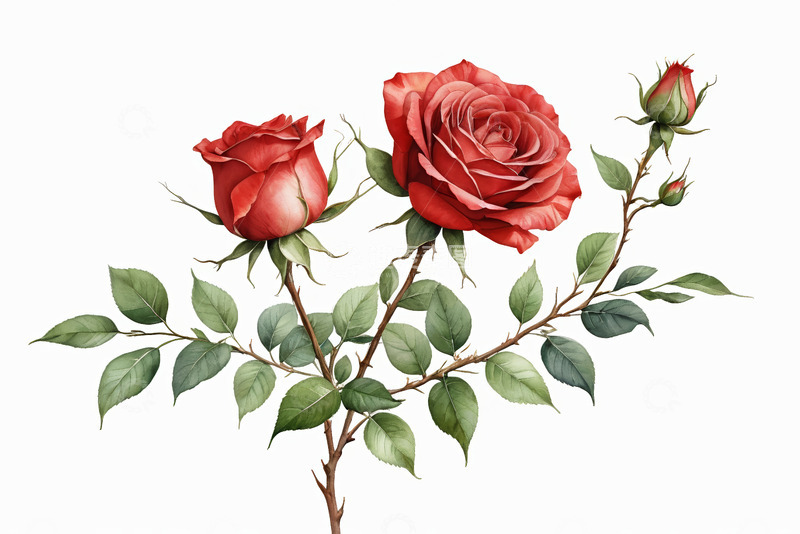 高清大图下载【趣麦麦图】红色玫瑰花植物插画