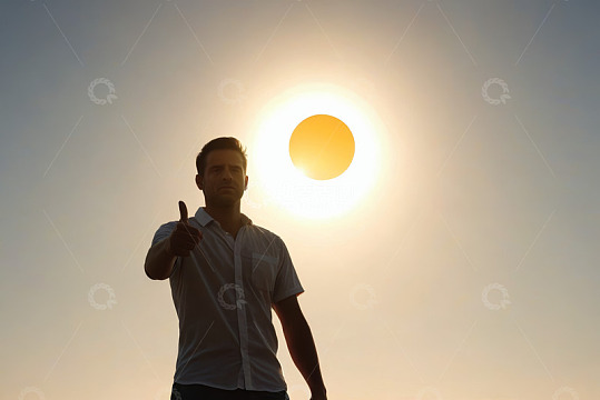 男子逆光竖大拇指