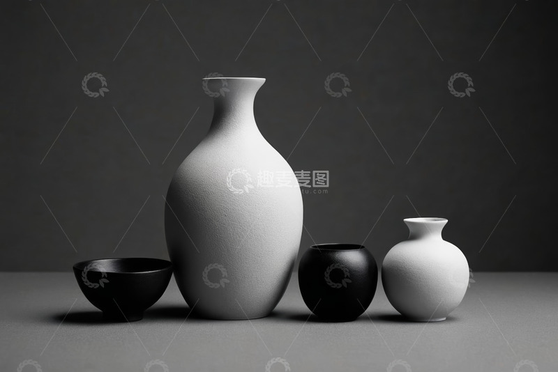 高清大图下载【趣麦麦图】灰白黑陶瓷花瓶碗静物素材