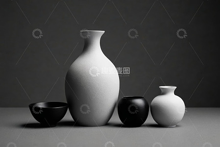 灰白黑陶瓷花瓶碗静物素材