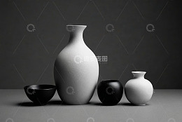 灰白黑陶瓷花瓶碗静物素材