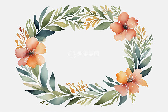 水彩花卉绿叶花环图案