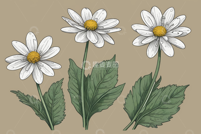高清大图下载【趣麦麦图】三朵白色雏菊植物插画