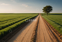 田野间的乡间土路与孤树