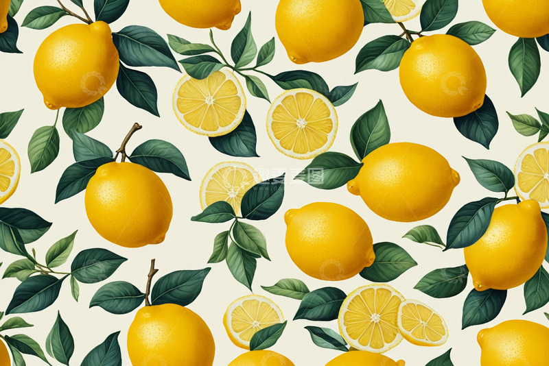高清大图下载【趣麦麦图】柠檬与绿叶的图案素材