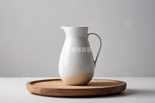 白色水壶置于木质托盘上