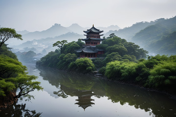 河畔古亭与山水风光