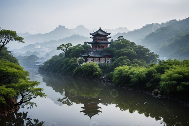 高清大图下载【趣麦麦图】河畔古亭与山水风光