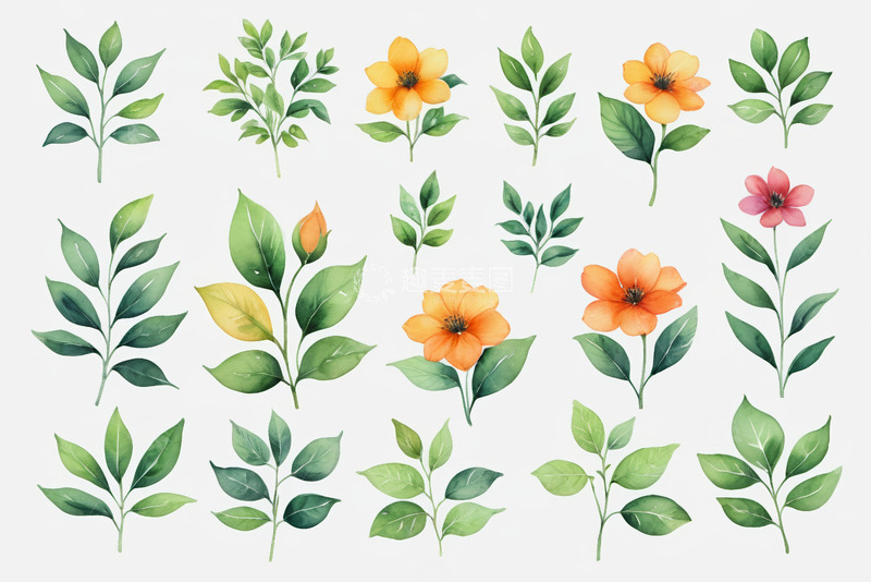 高清大图下载【趣麦麦图】水彩风格花卉植物素材
