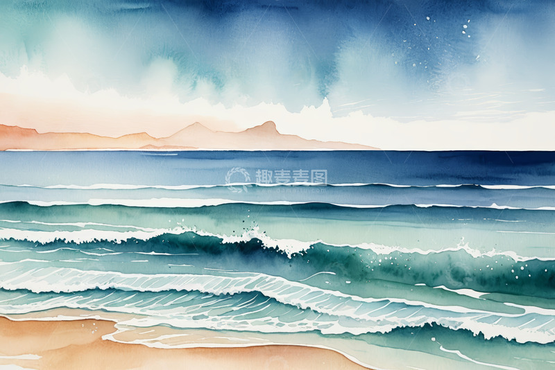 高清大图下载【趣麦麦图】水彩风格海洋海滩风景