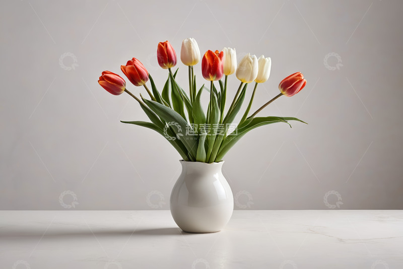 高清大图下载【趣麦麦图】白色花瓶中的多彩郁金香
