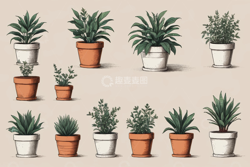 高清大图下载【趣麦麦图】盆栽植物插画素材