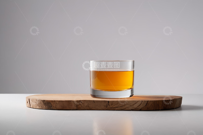 高清大图下载【趣麦麦图】木盘上的玻璃杯装黄色液体