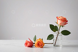 玻璃花瓶中及桌面的橙色玫瑰