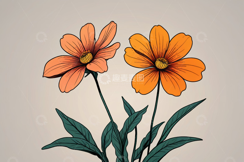 高清大图下载【趣麦麦图】两朵橙色花卉插画