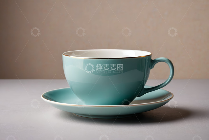 高清大图下载【趣麦麦图】蓝绿色茶杯与茶碟特写