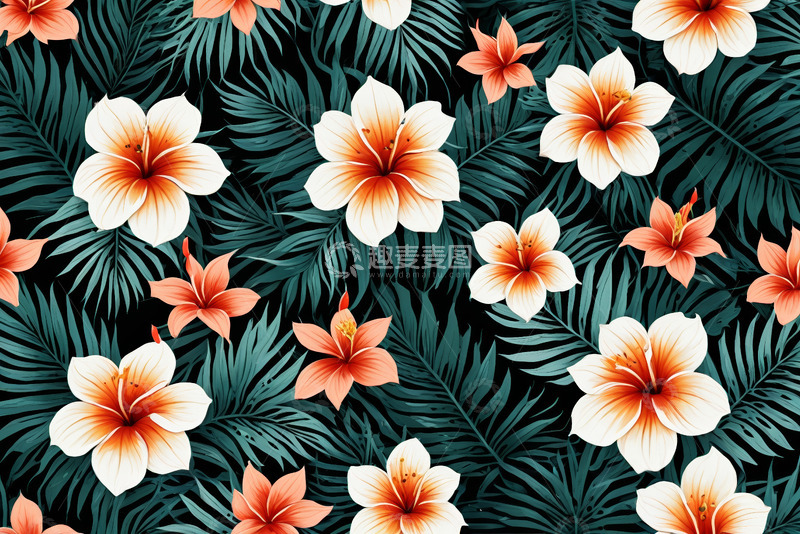 高清大图下载【趣麦麦图】热带花卉与绿叶图案素材